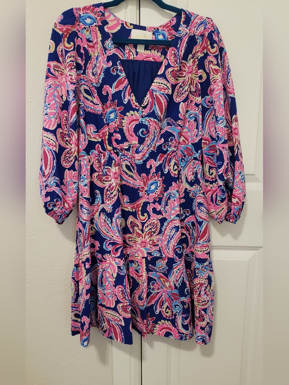 Lilly Pulitzer Deacon Navy and Pink Paisley V-Neck Mini Dress